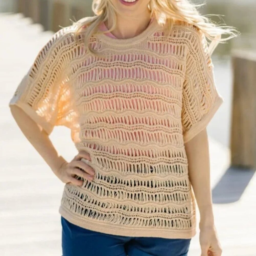 ZYIA Active Hilton Head Sweater Beige Tan Women's Crochet Short Sleeve Beach